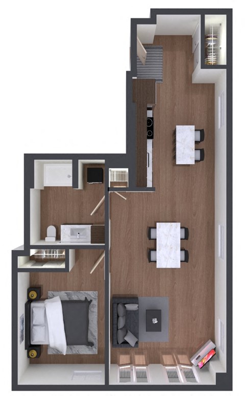 Floor plan for 1 bed, 1 bath, 757 sqft